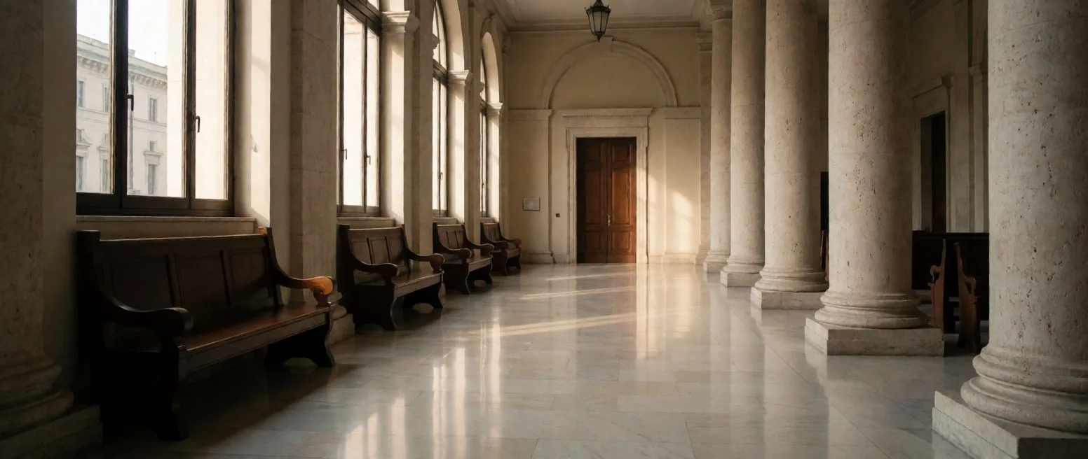Pasillo de tribunal italiano con ventanas arqueadas