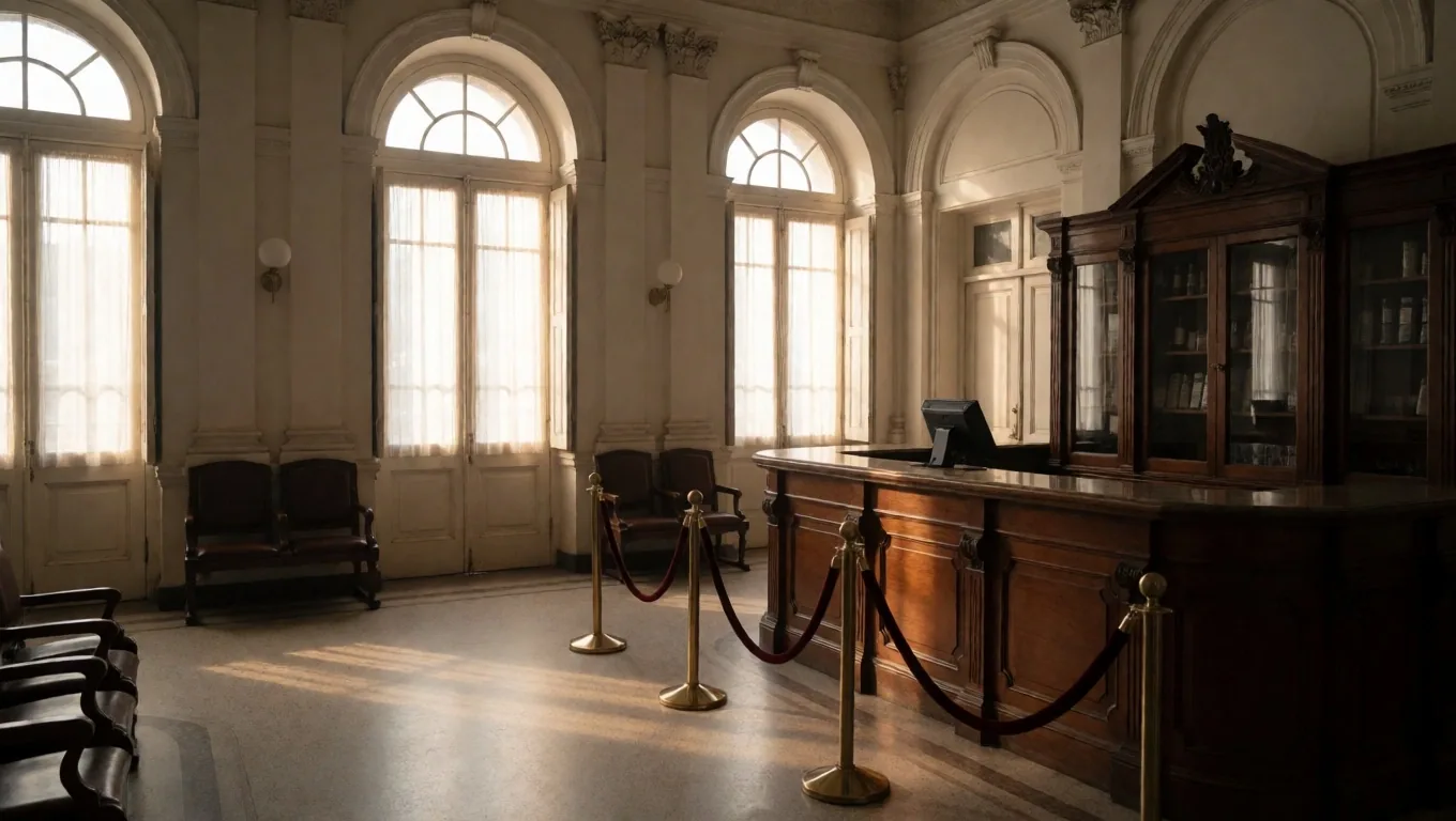 Salón de atención del consulado con luz lateral, ventanas altas y ventanilla de atención