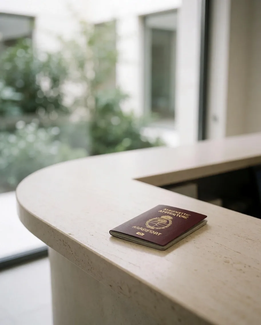 Pasaporte argentino abierto sobre el mostrador del consulado